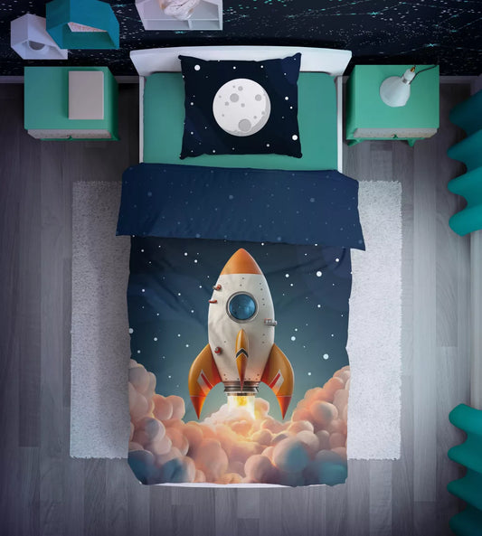 Pamut ágynemű gyerekeknek világító űrajó mintával