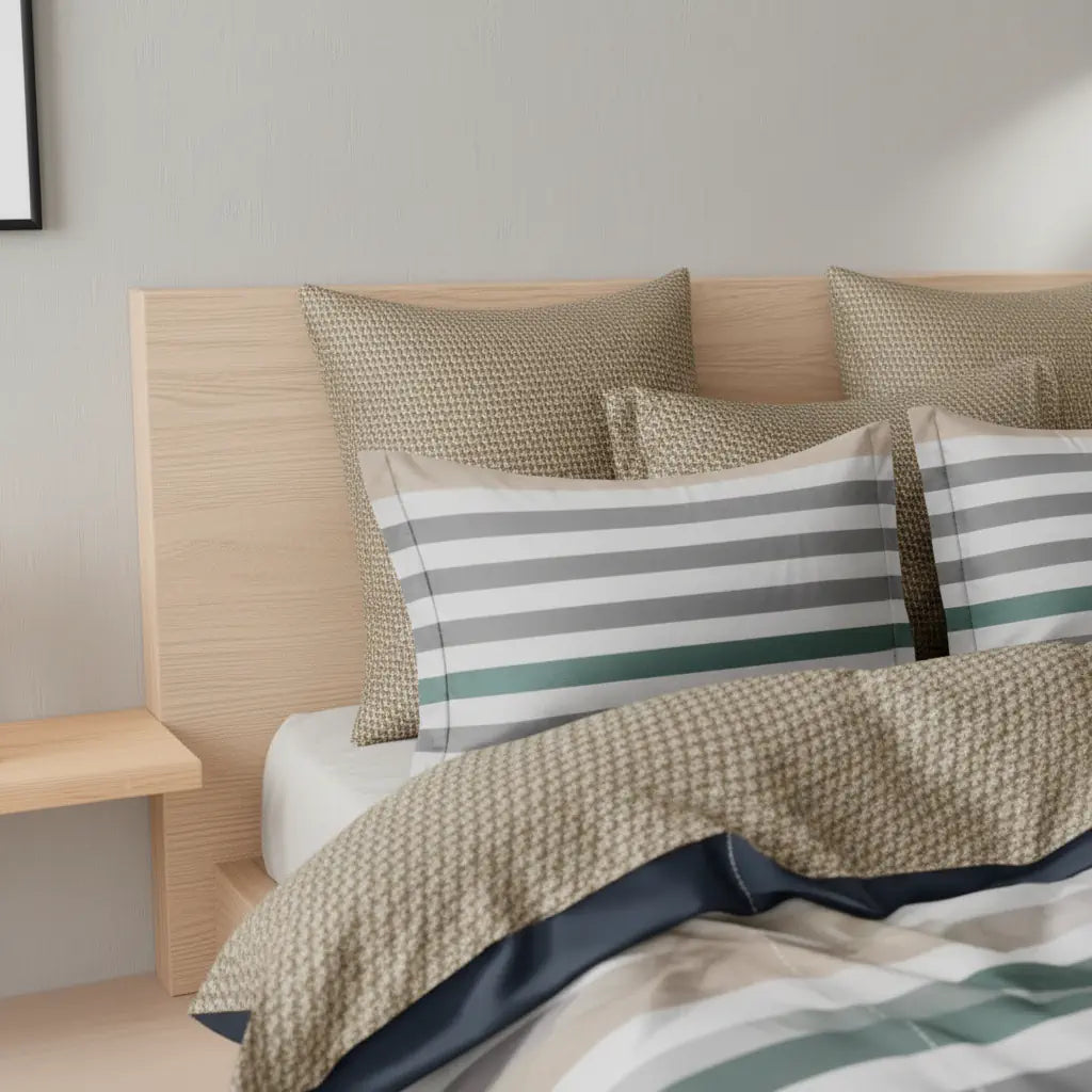 Barna és kék csíkos ágynemű garnitúra franciaágyon közelről