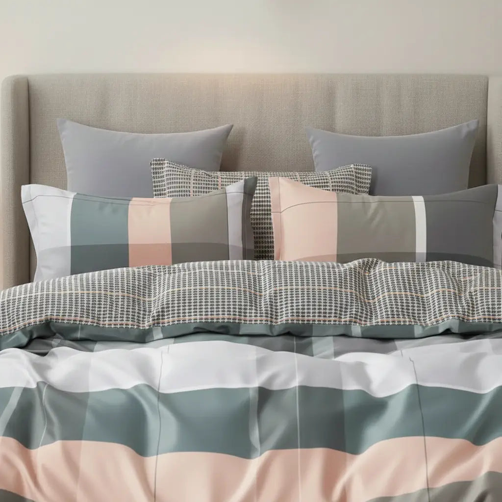 Színes geometriai mintás ágynemű szett közelről