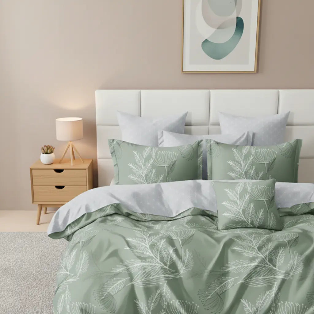 Zöld leveles ágynemű garnitúra hálószobai környezetben