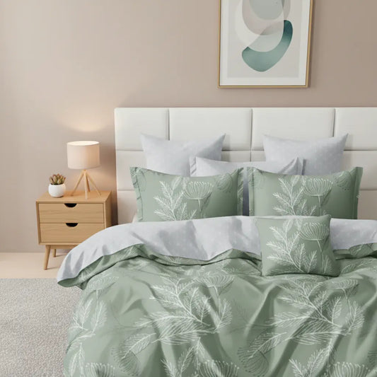 Zöld leveles ágynemű garnitúra hálószobai környezetben