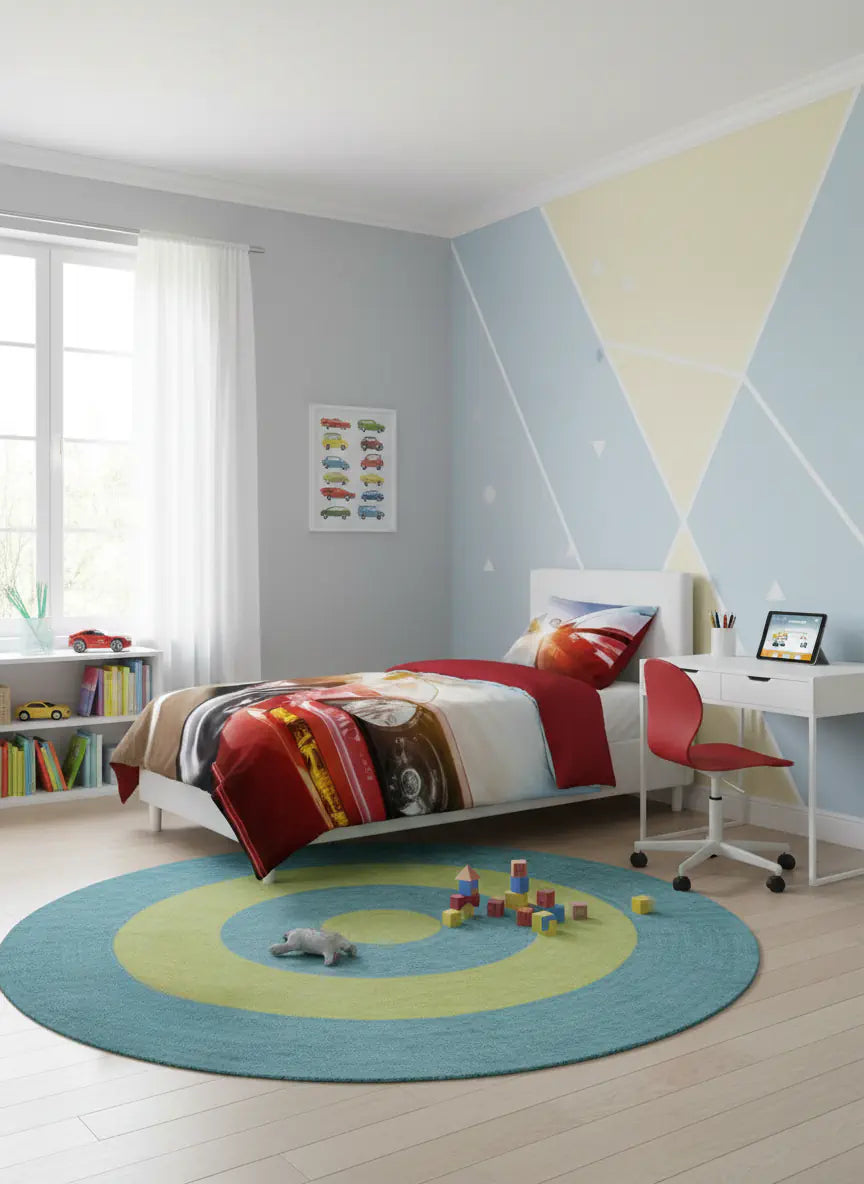 Autós ovis ágynemű gyerekszobai környezetben oldalról