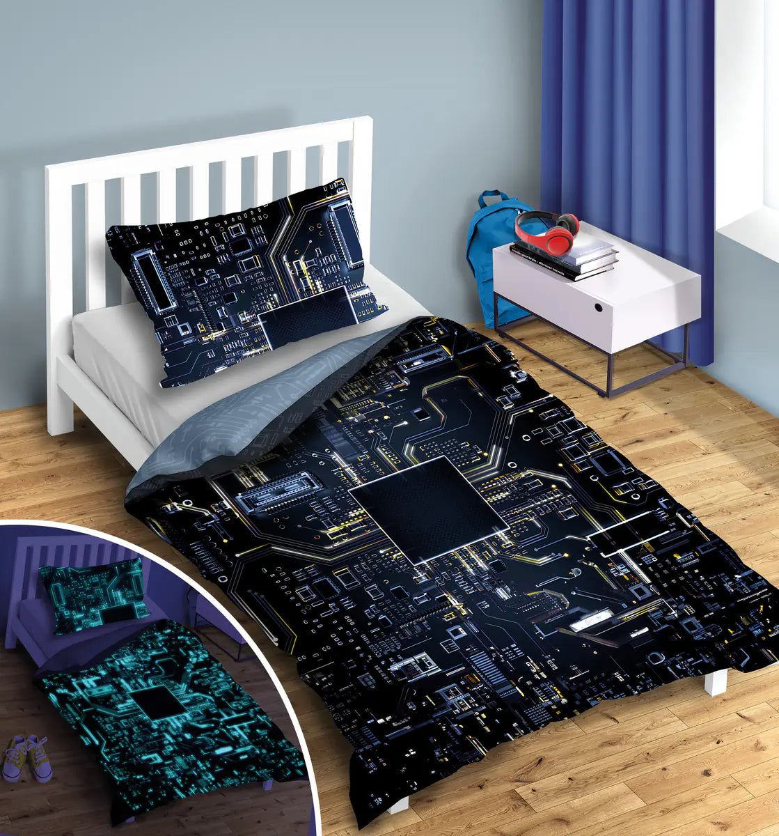 Világító ágynemű microchip mintával világos-sötét összehasonlításban