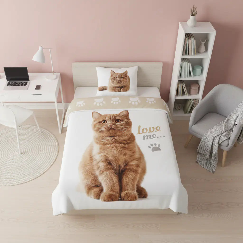 Cicás ágynemű egyszemélyes ágyon, rózsaszín falú szobában