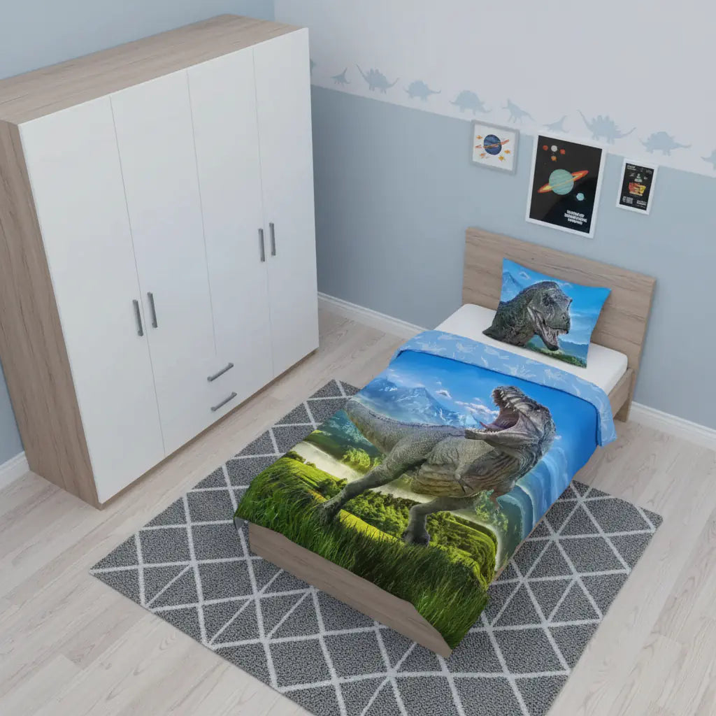 Dínós gyerek ágynemű 140x200 cm kék T-Rex mintával