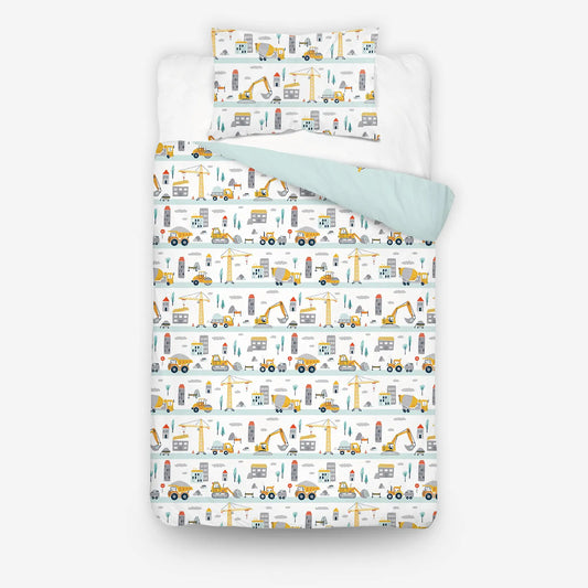 Munkagépes vis ágynemű hátoldali mintája apró járművekkel és darukkal