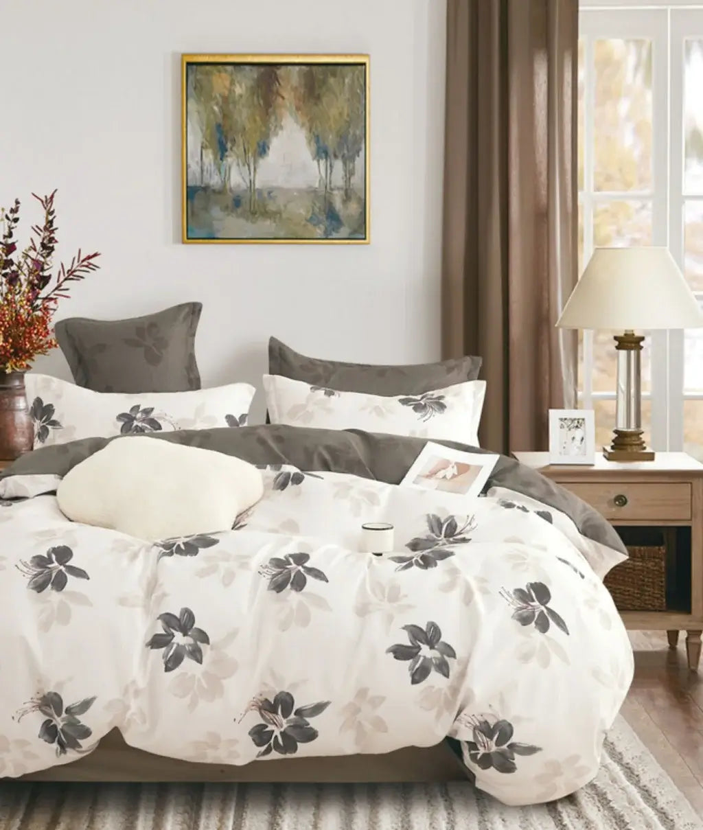 UMBER 6 részes pamut ágyneműhuzat garnitúra barna és bízs színben, virágos mintával