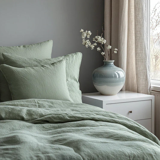 Zöld 7 részes ágyneműhuzat világos hálószobában