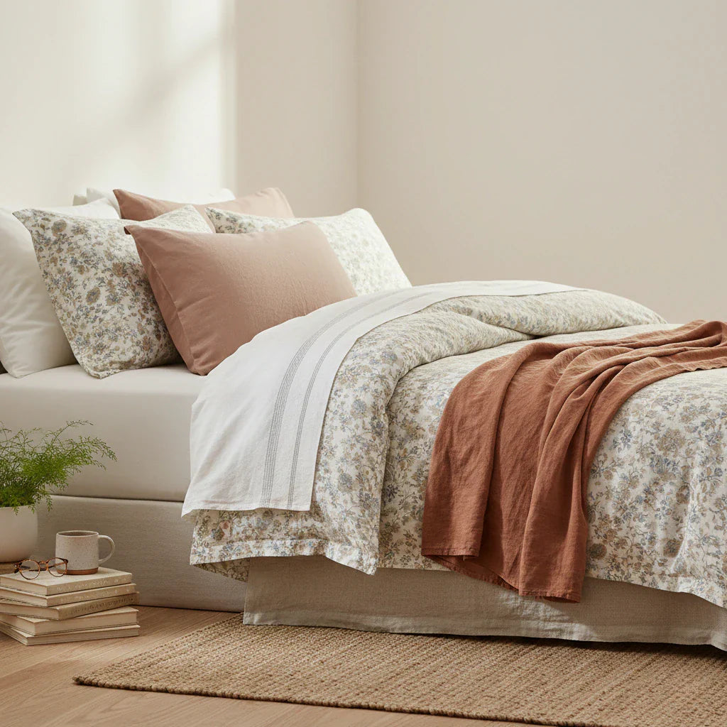 Franciaágy harmonikus ágyneművel és textíliákkal, kiegészítőkkel