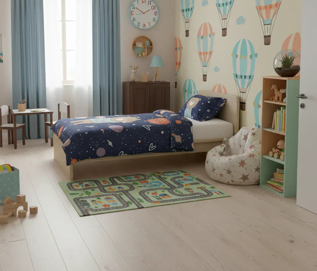 Gyerekszoba vidám berendezéssel és szép ággyal