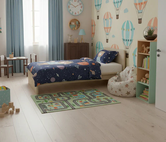 Gyerekszoba vidám berendezéssel és szép ággyal