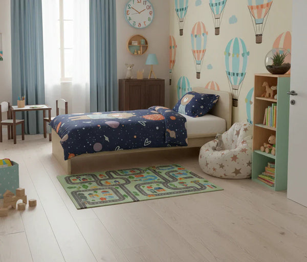 Gyerekszoba vidám berendezéssel és szép ággyal