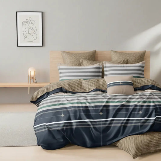 Ágyneműhuzat 140x200 cm méretben barna és kék csíkos mintával