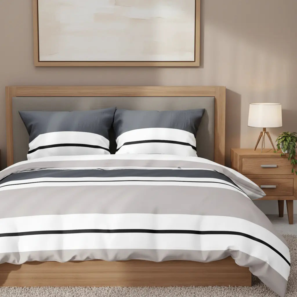 Ágynemű bézs és kék csíkos mintával berendezett hálószobában