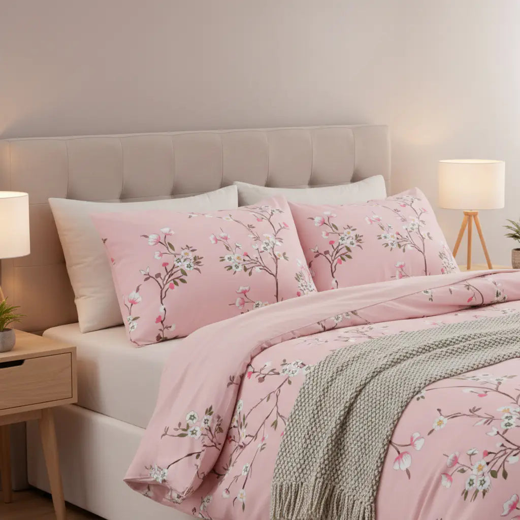 Rózsaszín sseresznyevirág mintás pamut ágyneműhuzat, otthonos hálószobában