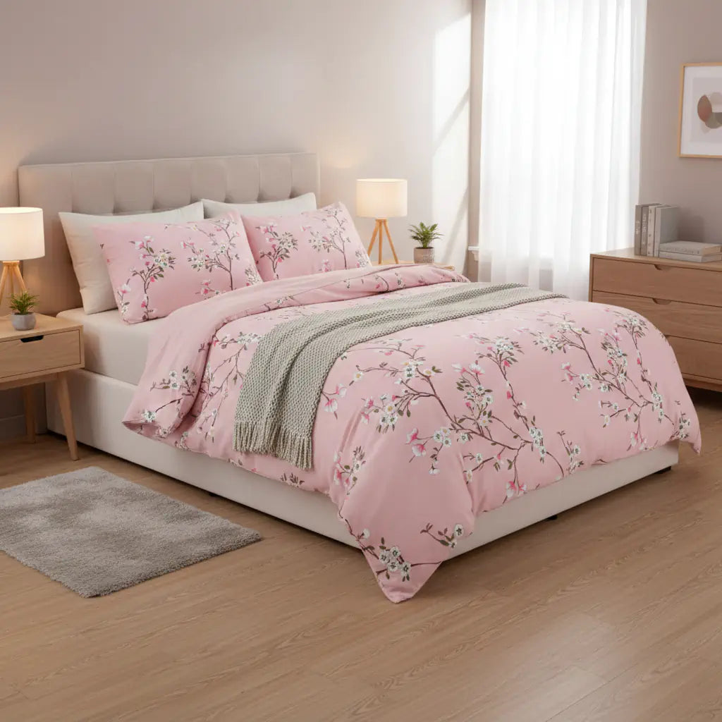 Cseresznyevirágos ágyneműhuzat hálószobai környezetben