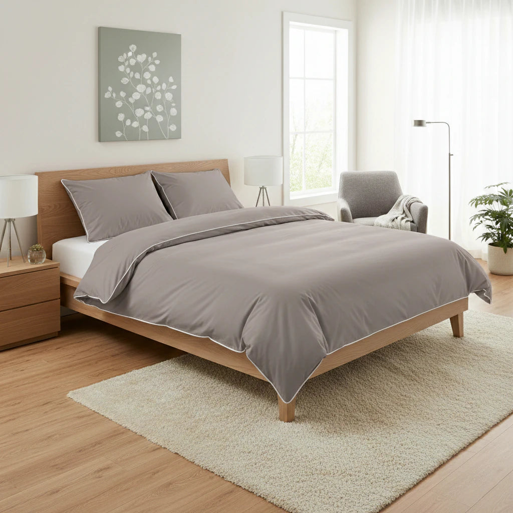 Bézs pamut ágyneműhuzat szép hálószobai környezetben oldalról