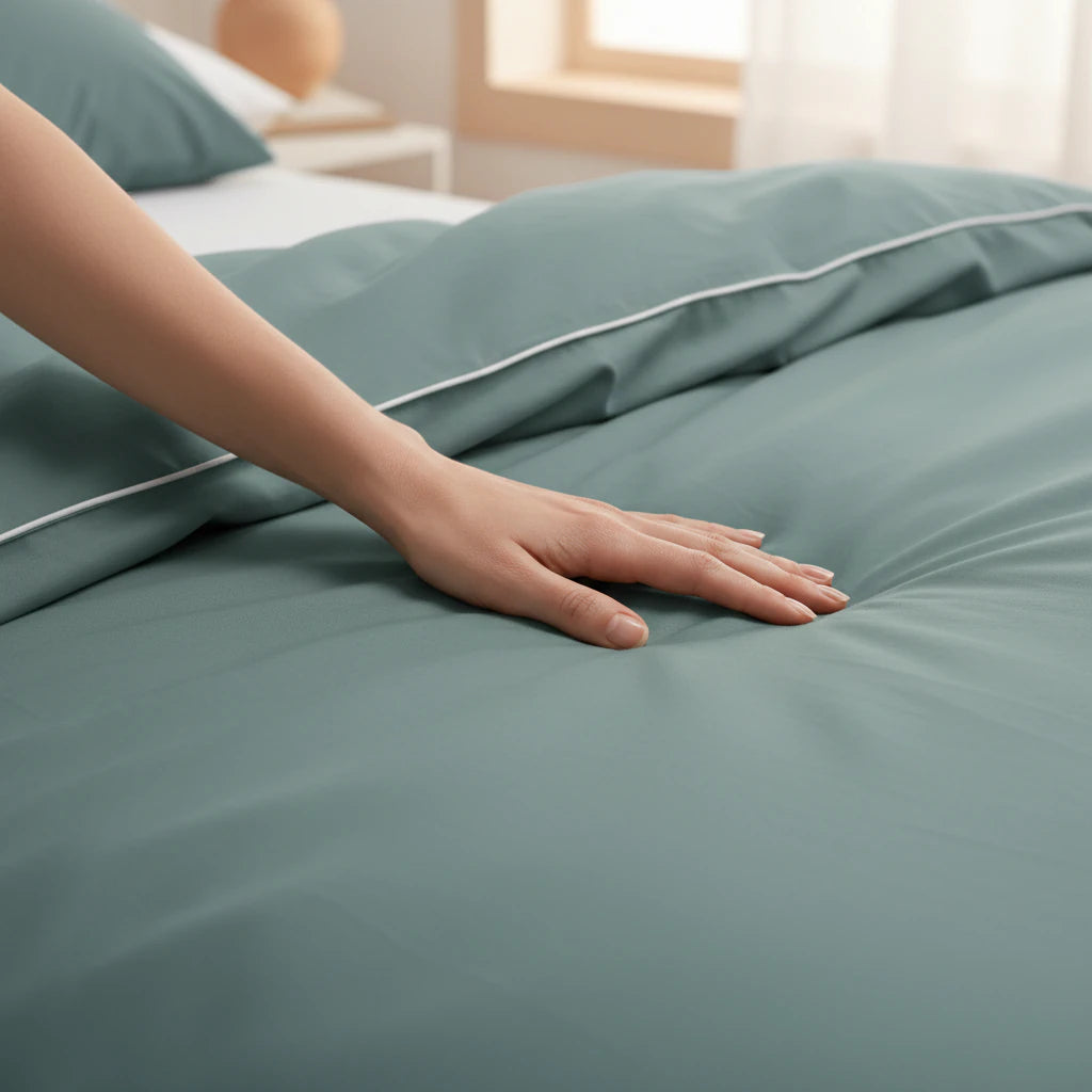 Zöld pamut ágyneműhuzat közelről