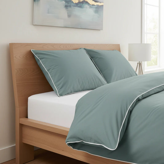 Züld ágynemű garnitúra világos hálószobában, tölgy ágyon