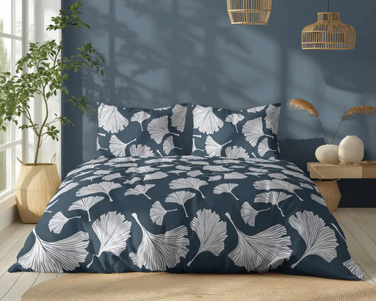 Pamut ágynemű ginkgo biloba mintával hálószobai környezetben