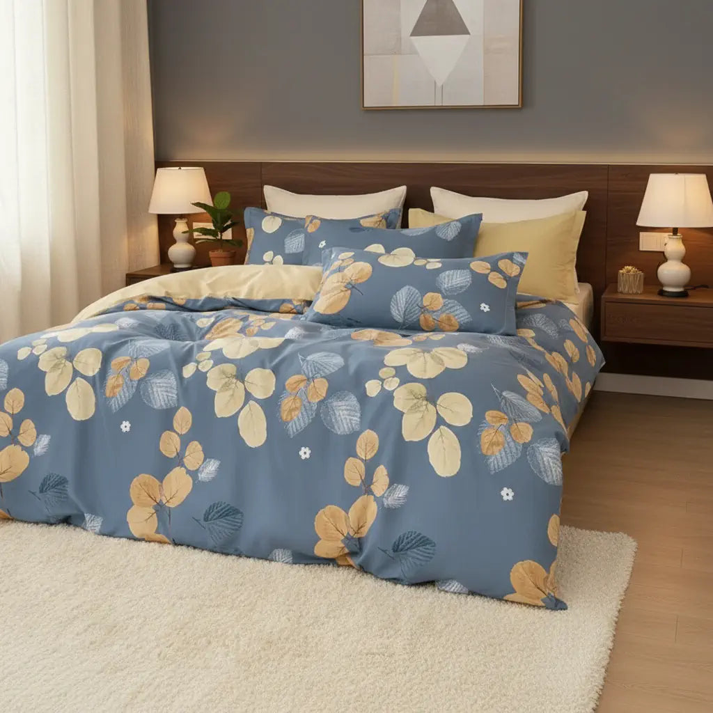Kék alapon sárga leveles ágyneműhuzat hálószobában oldalról