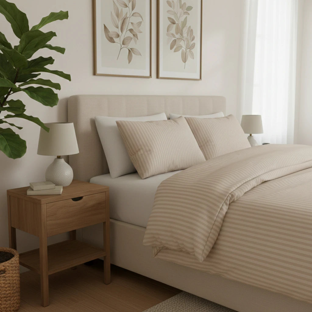 Ágynemű szett bézs színben prémium anyagból, hálószobában közelről