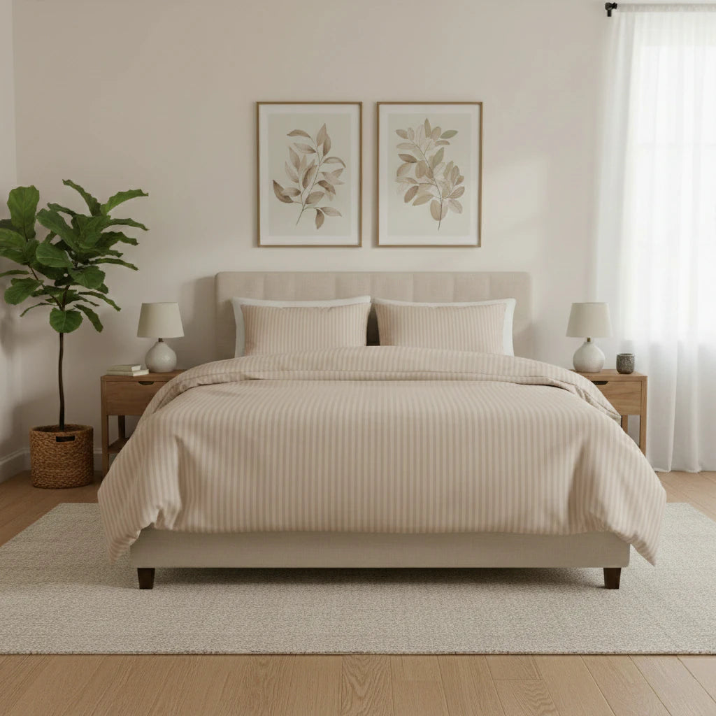 Luxus ágyneműhuzat bézs anyagból, franciaágyon szemből