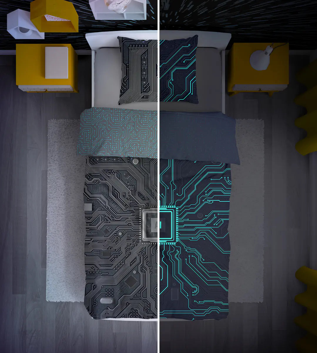 Áramkörös világító ágynemű, világos-sötét összehasonlítás