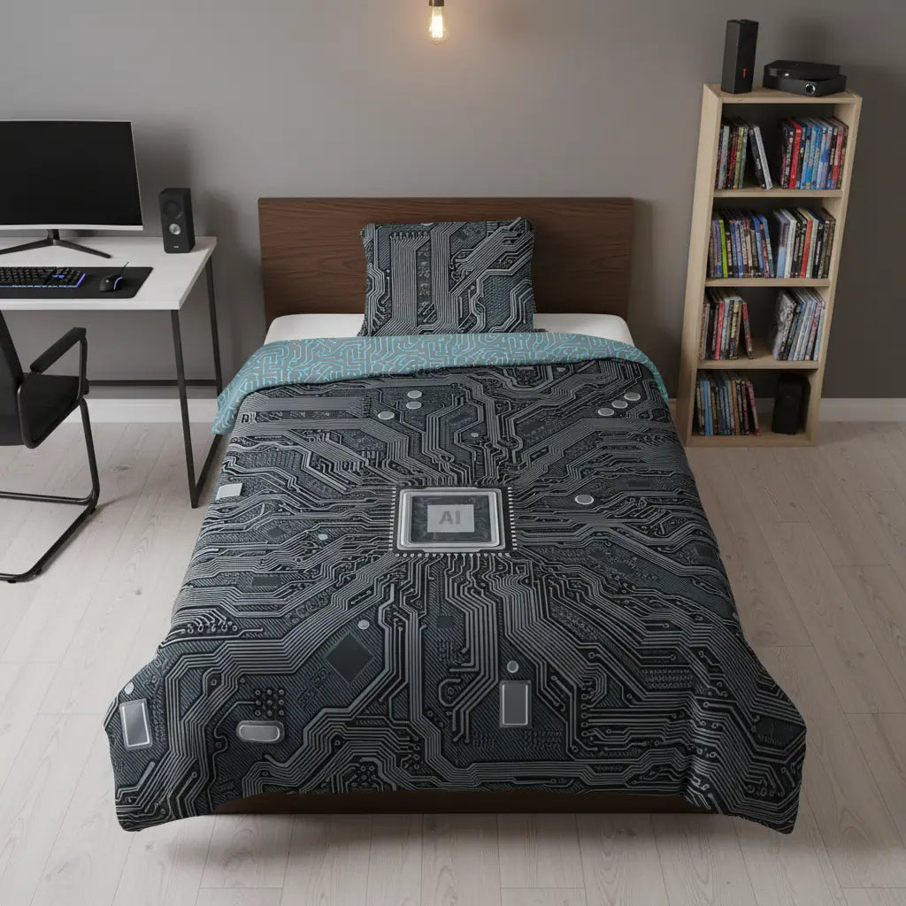 AI mintájú világító gyerek ágnemű fiús gyerekszobában szemből