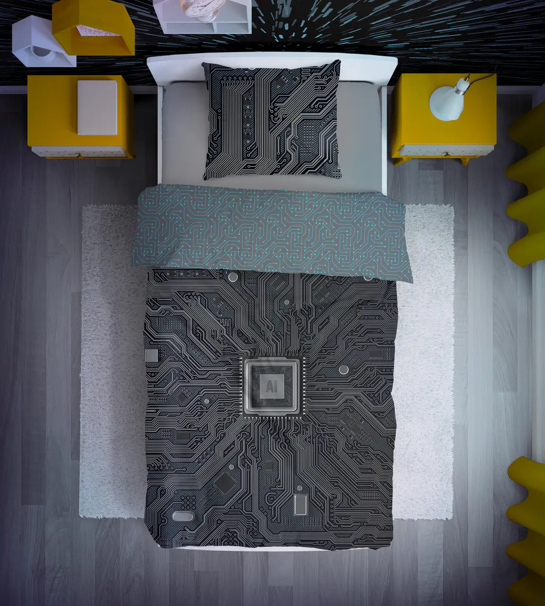 Világító ágynemű áramkörös mintával felüleről világosban