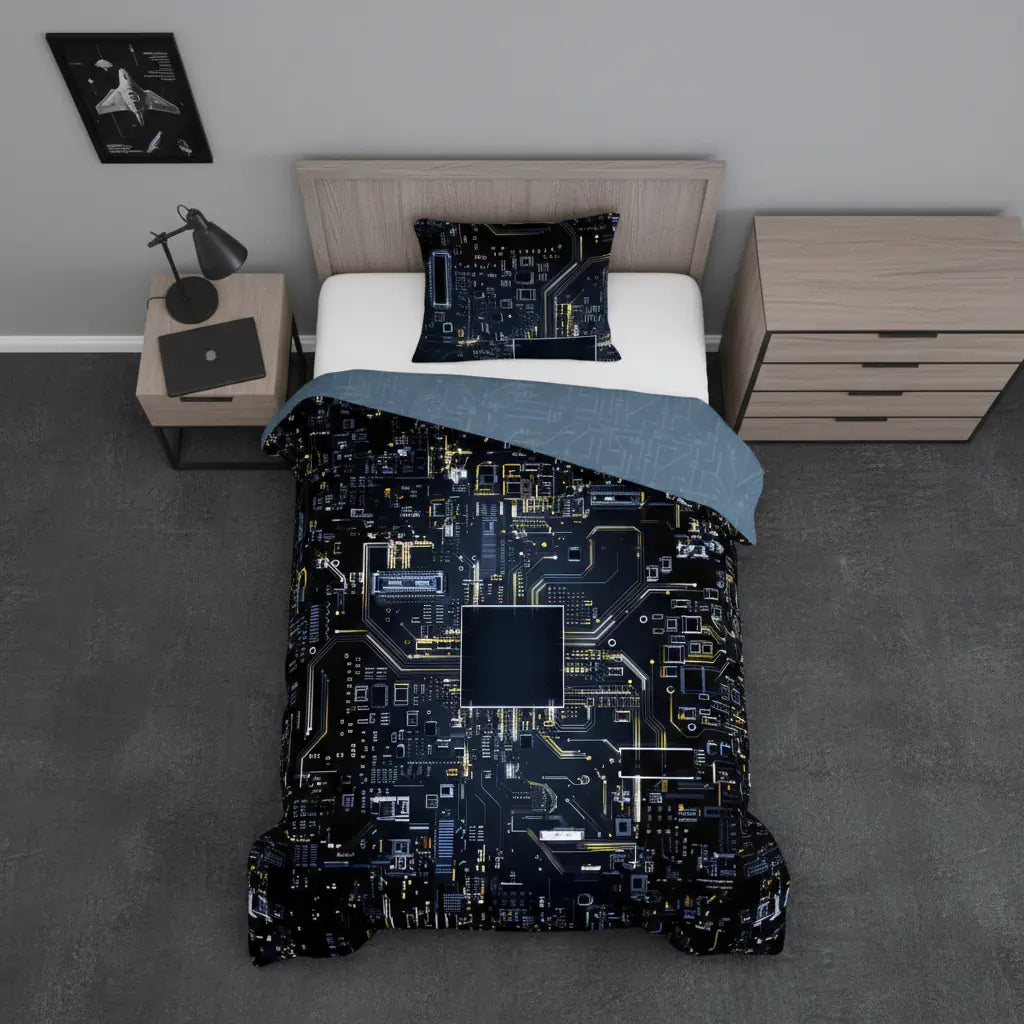 Chip mintájúvilágító ágynemű fiús szobában, felülnézetből