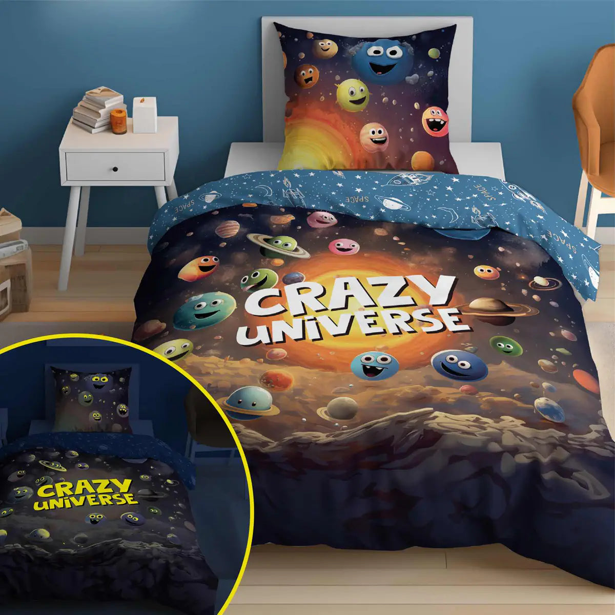 Gyerek ágynemű világító mintával, világos-sötét összehasonlításban