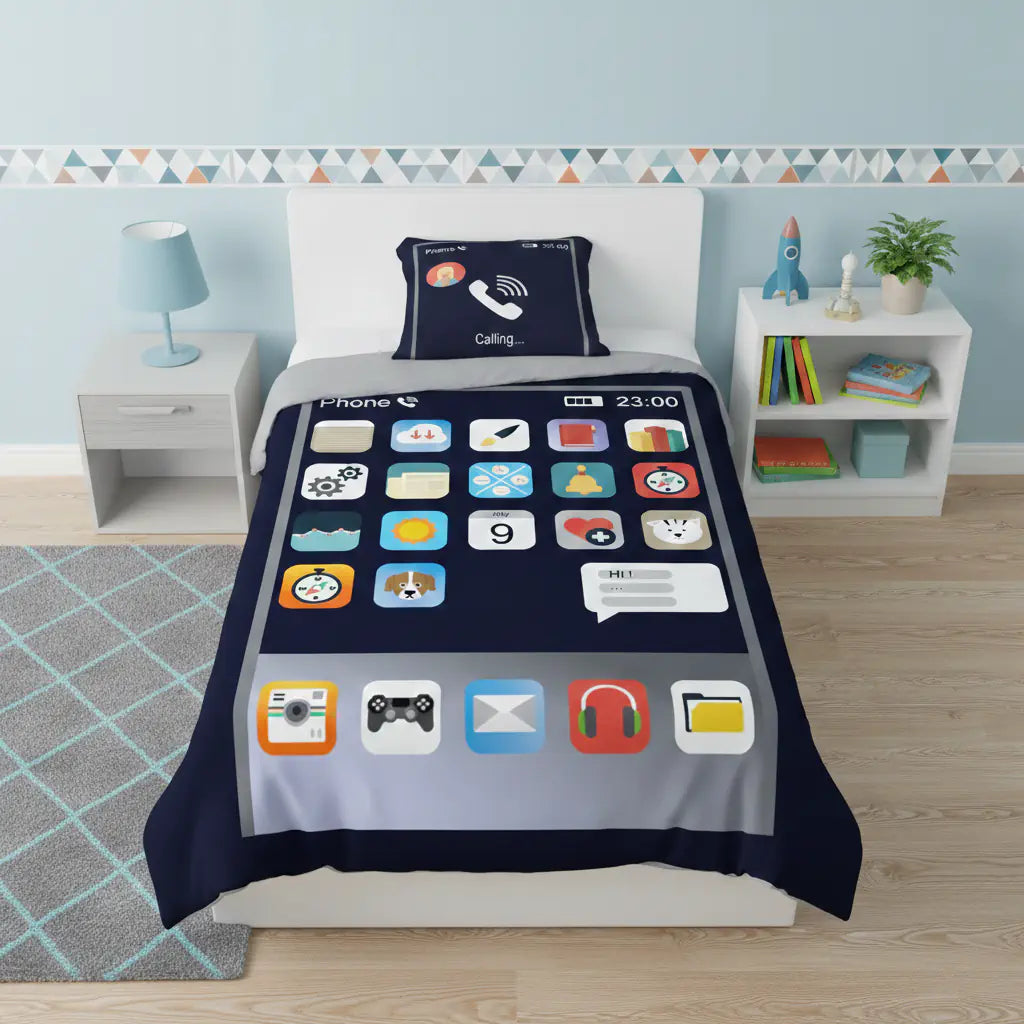 Mobilos világító ágynemű telefon kezdőképernyős mintával gyerekszobában