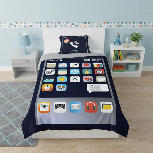 Mobilos világító ágynemű telefon kezdőképernyős mintával gyerekszobában