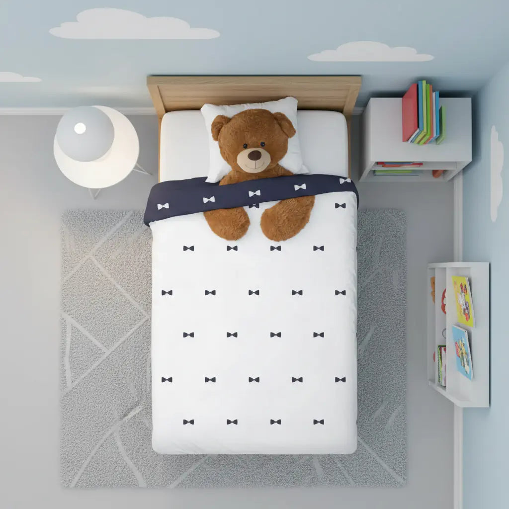 Ölelő macis mintájú gyerek ágynemű gyerekszobában, felülnézetből