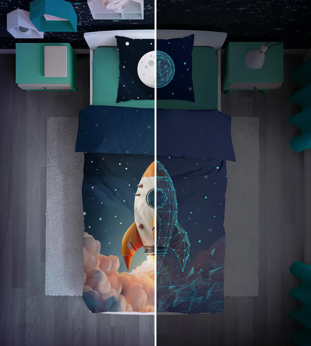 Rakétás világító ágynemű mintája világos/sötét összehasonlításban