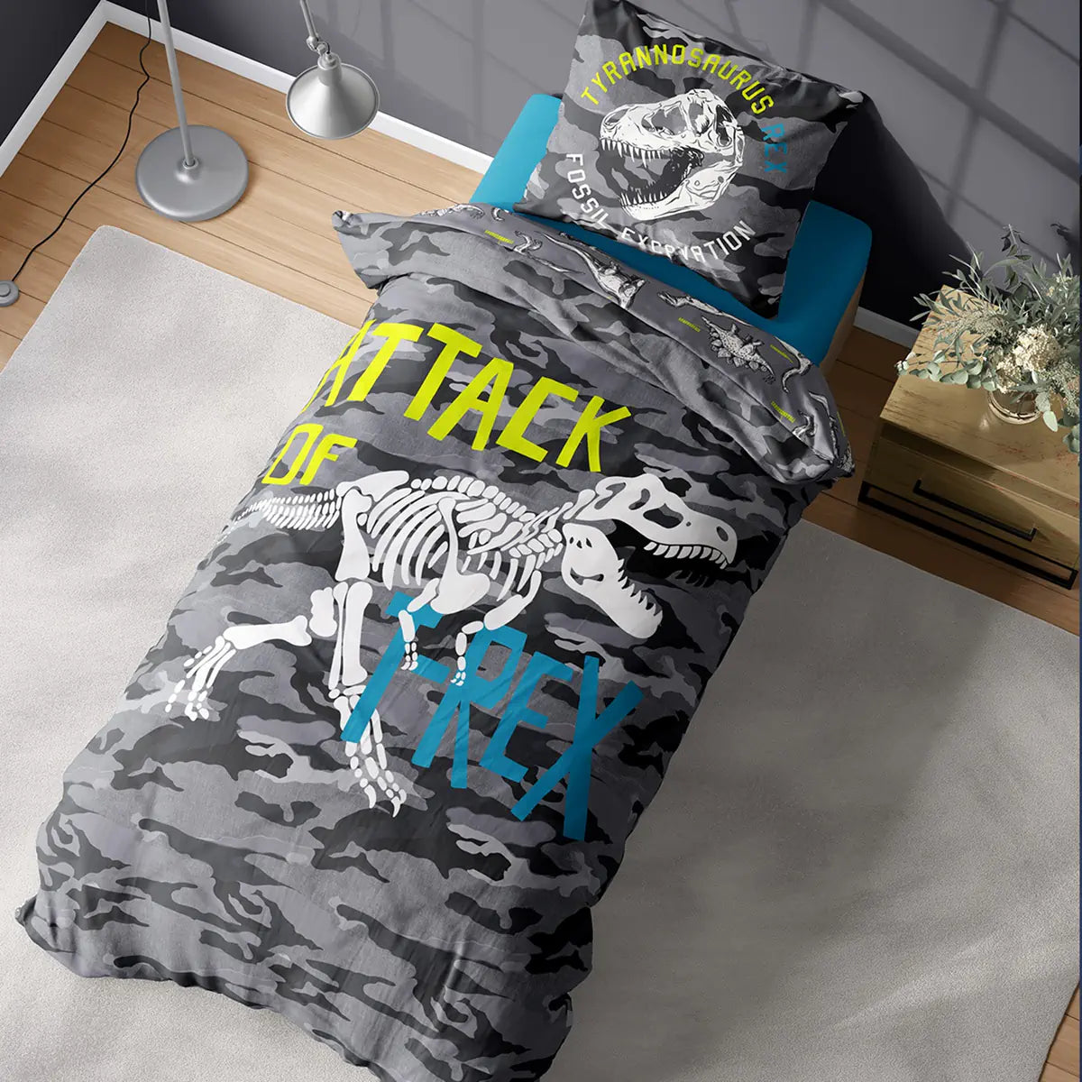 Világító ágynemű dínós mintával világosban