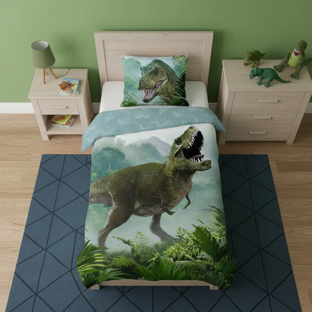 Zöld dínós gyerek ágynemű T-Rex mintával gyerekszobában