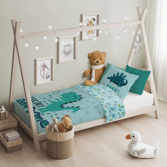 Ovis ágynemű kék színű dínós mintával gyerekszobában