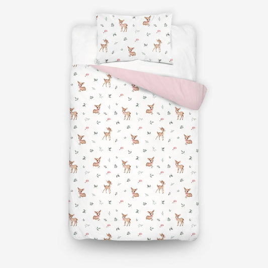 Ovis ágyneműhuzat hátoldala fehér alapon apró őzikés mintával